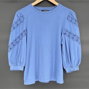 J.Crew Women's Floral Crochet Accent Puff Sleeve Blouse M Blue Officewear Church